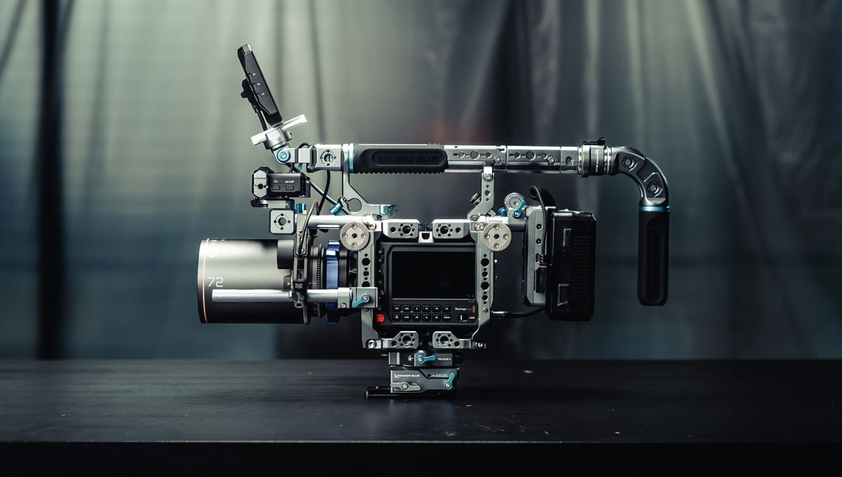 Blackmagic PYXIS 6K and 12K camera rigging gear, including cages, handles, and accessories displayed together.