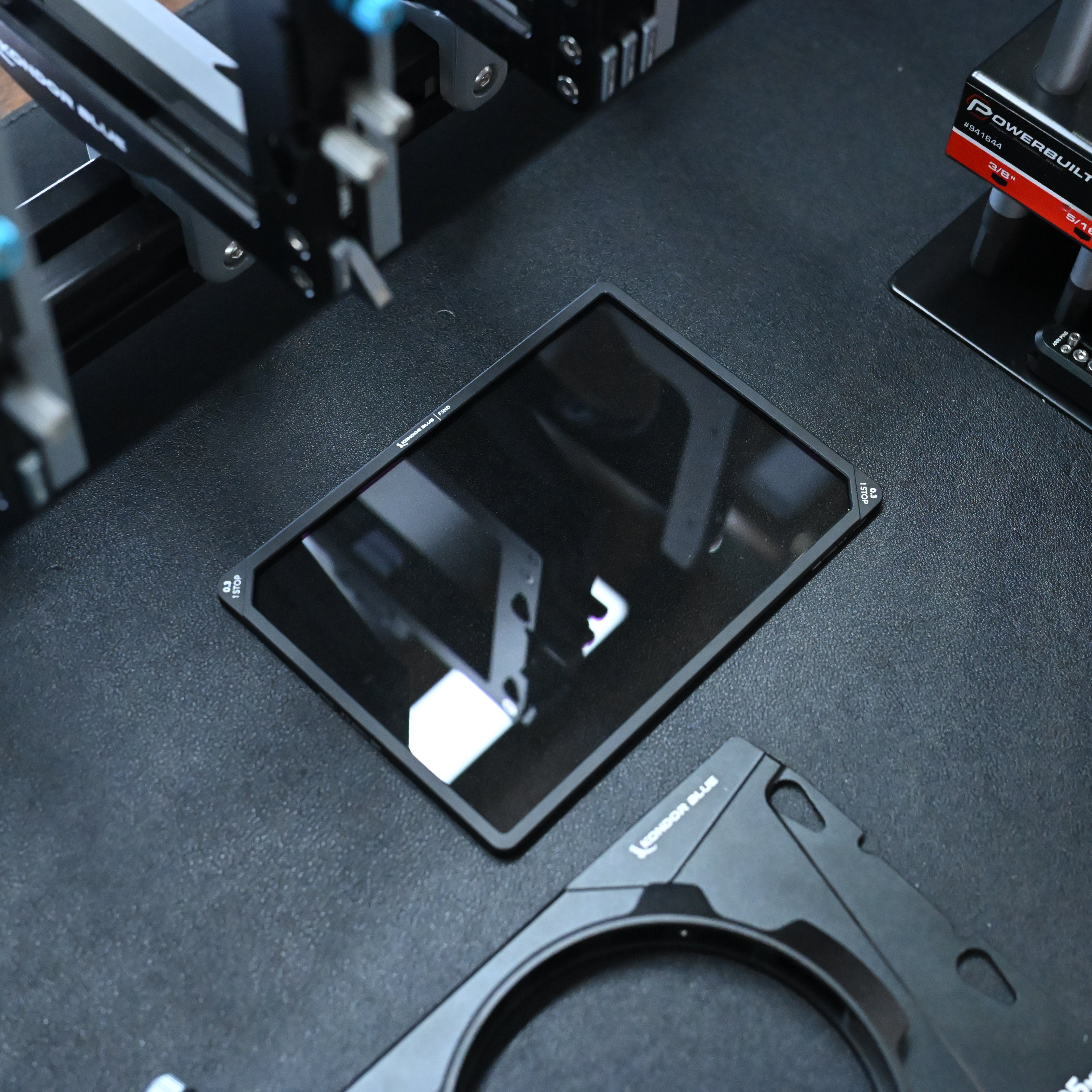 Kondor Blue 4x5 matte box system with ND and diffusion filters mounted on a professional cinema camera setup
