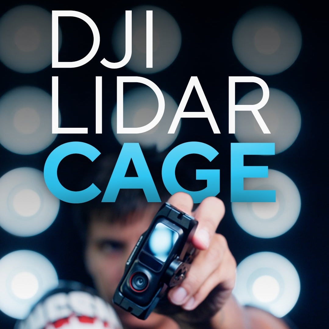 Person holding a DJI LIDAR CAGE device with blurred lights in the background