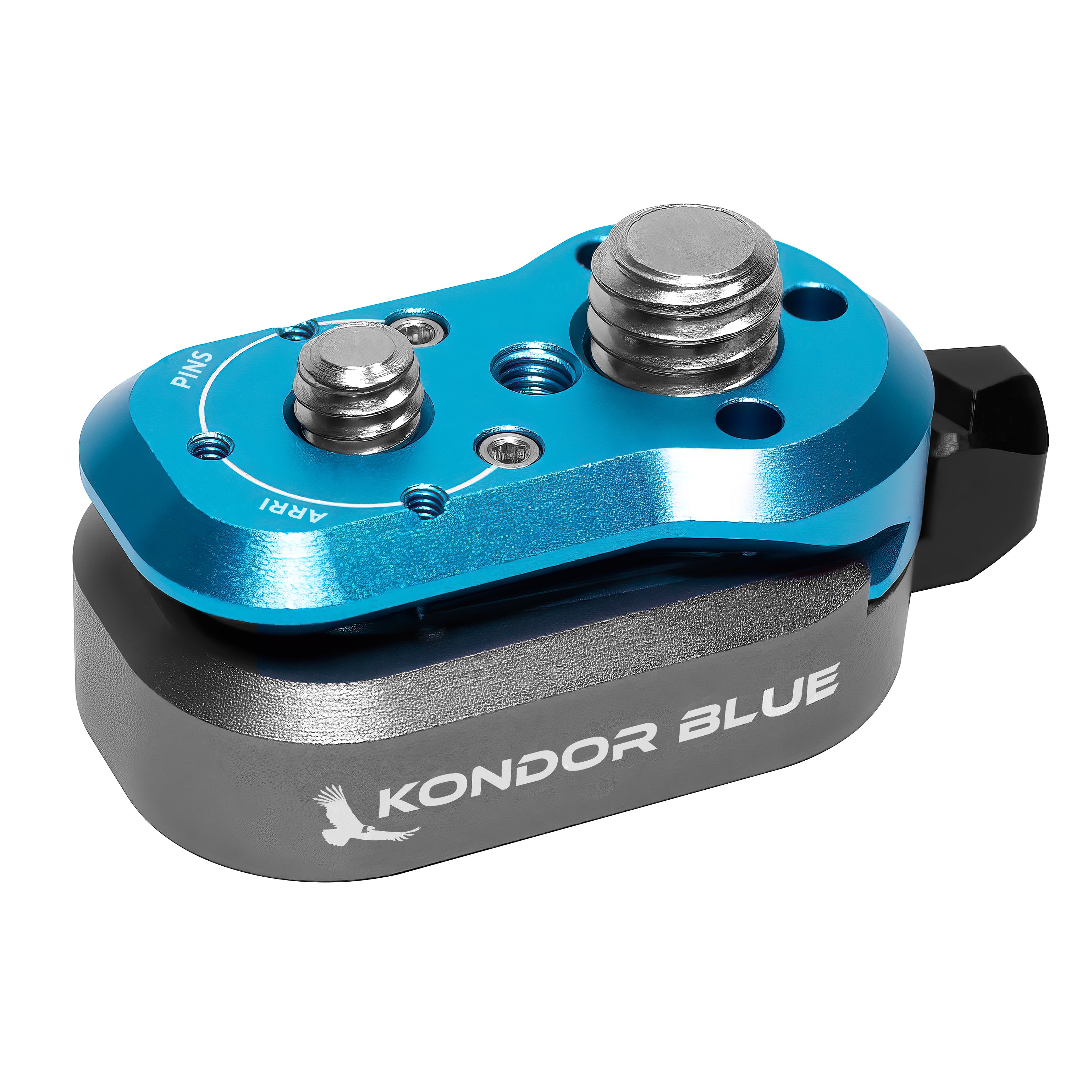 A KONDOR BLUE mini quick release plate with a blue and black color scheme, featuring multiple mounting holes and branding on the side.