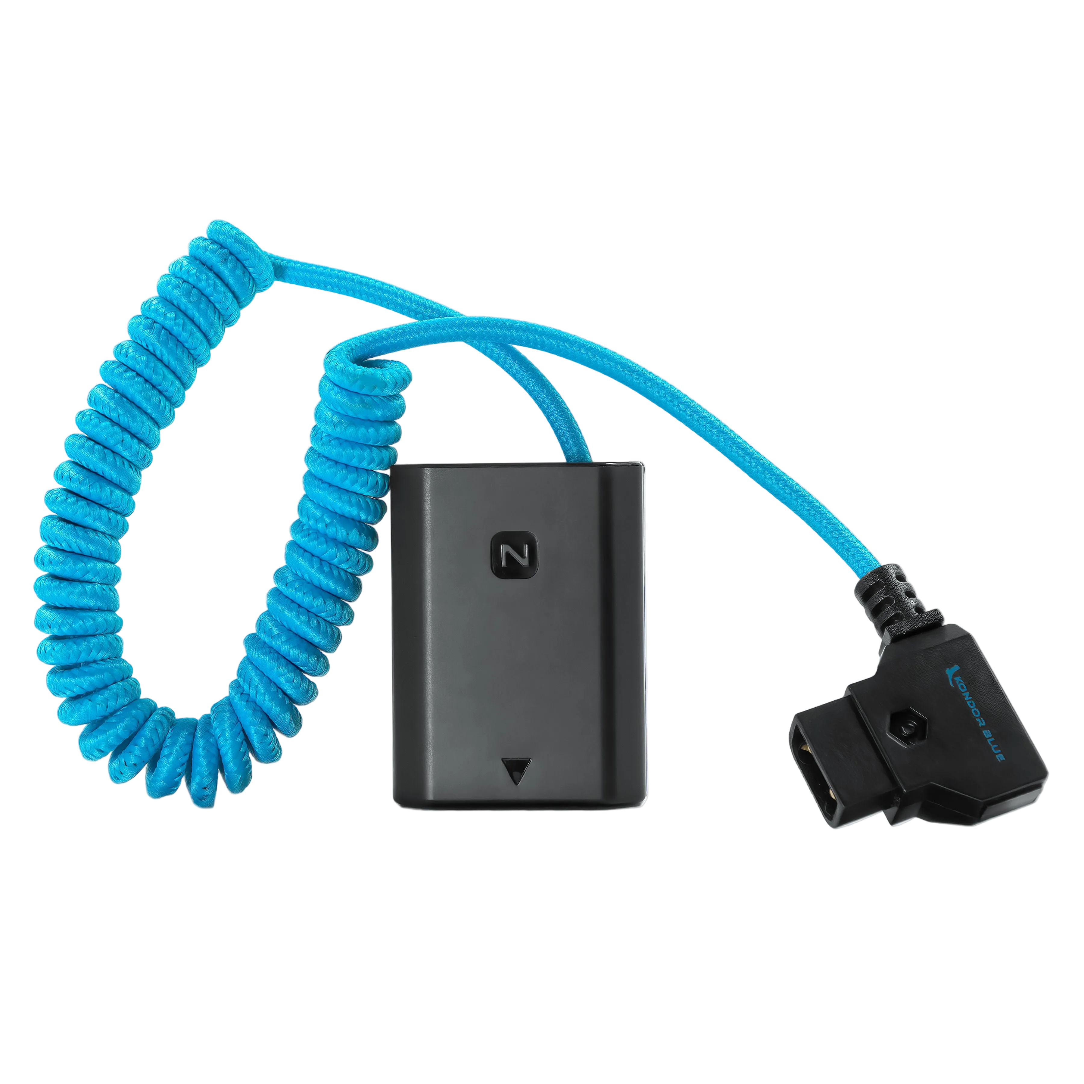 Kondor Blue D-Tap to NP-FZ100 dummy battery cable, coiled at 16 inches, nylon braided construction