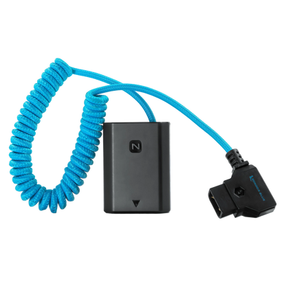 Kondor Blue D-Tap to NP-FZ100 dummy battery cable, coiled at 16 inches, nylon braided construction