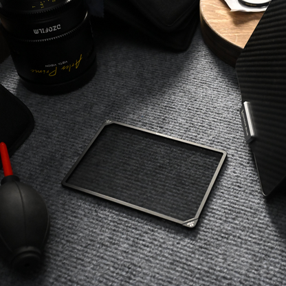 Closeup of Kondor Blue ND filter showing corner grab tabs and aluminum frame construction