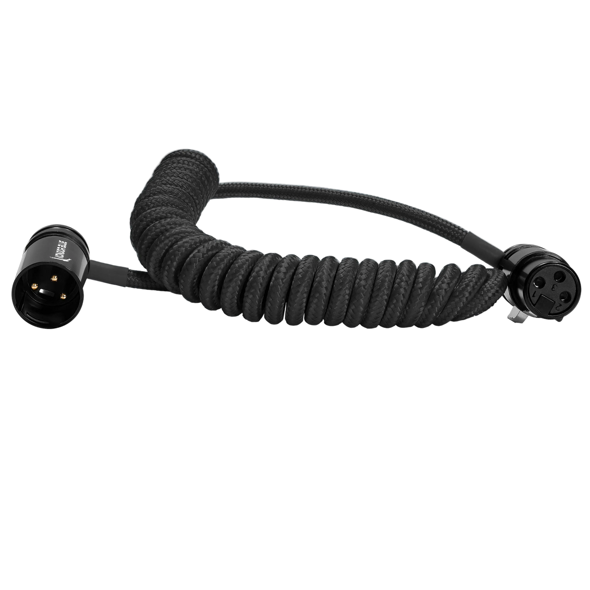 Black coiled low profile right angle XLR cable 12-24 inch for minimized cable slack in audio setups 