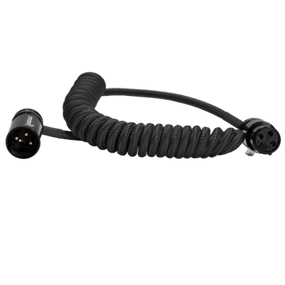 Black coiled low profile right angle XLR cable 12-24 inch for minimized cable slack in audio setups 